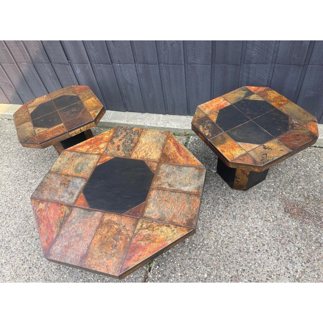 Mid-Century Modern 1960s Set of 3 Paul Kingma Style Brutalist Slate Tile Tables For Sale - Image 3 of 11