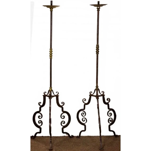 19th Century Wrought Iron & Brass Torchieres 19" triangular base x 58" high Offered as a matching pair