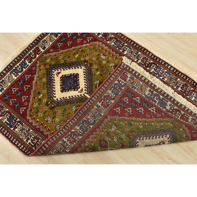 Yalameh Rug 3'5'' X 4'8'' Green Wool Vintage Tribal Hand-Knotted Oriental Carpet For Sale - Image 11 of 12