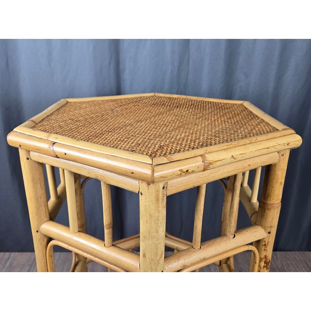 Palm Beach Style Hexagon Bamboo, Rattan & Wicker Top Side End Table For Sale - Image 6 of 12