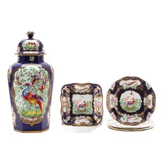 Seven Piece “Chelsea Bird’ Pattern Garniture of Antique English Porcelain For Sale