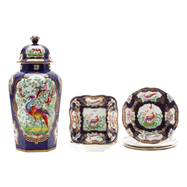 Seven Piece “Chelsea Bird’ Pattern Garniture of Antique English Porcelain For Sale