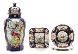 Seven Piece “Chelsea Bird’ Pattern Garniture of Antique English Porcelain