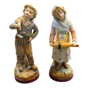 Pair of Late 19th Century French Victorian Ets Fils Bisque Young Boy and Girl Figurines