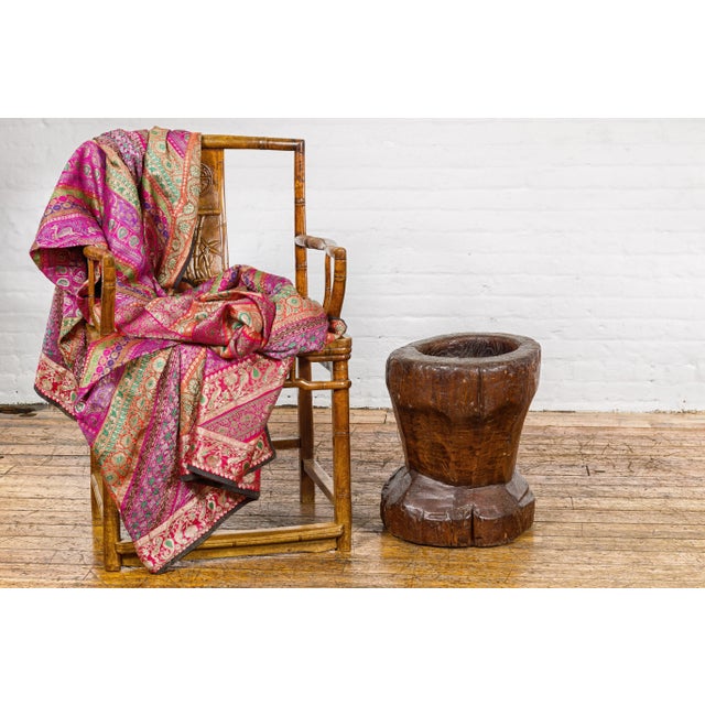 19th Century 19th Century Rustic Teak Wood Mortar Urn, Antique Planter for Vintage Home Decor For Sale - Image 5 of 12