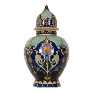 Art Nouveau Vase Ceramic Urn Stylized Leaves and Flowers Blue and Turquoise Delftware Earthenware Covered Vase Tariff Free Delivery For Sale