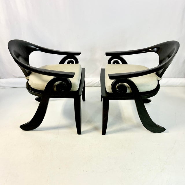 Stanley Jay Friedman 1980s Vintage Chinoiserie Asian Modern Curled Arms Spoon Side Chairs - A Pair, After Stanley Jay Friedman For Sale - Image 4 of 18