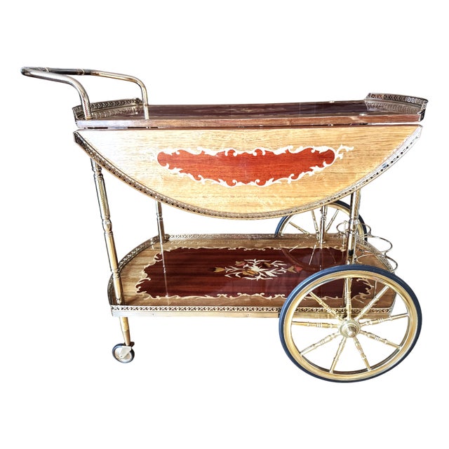 Vintage Brass and Marquetry Bar Cart, Italian Style Drinks Trolley with Folding Leaves, 1960s, 1970s For Sale