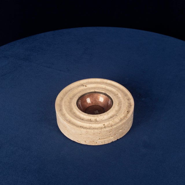 Italian Round Travertine and Copper-Toned Metal Ashtray, 1970 For Sale - Image 15 of 18