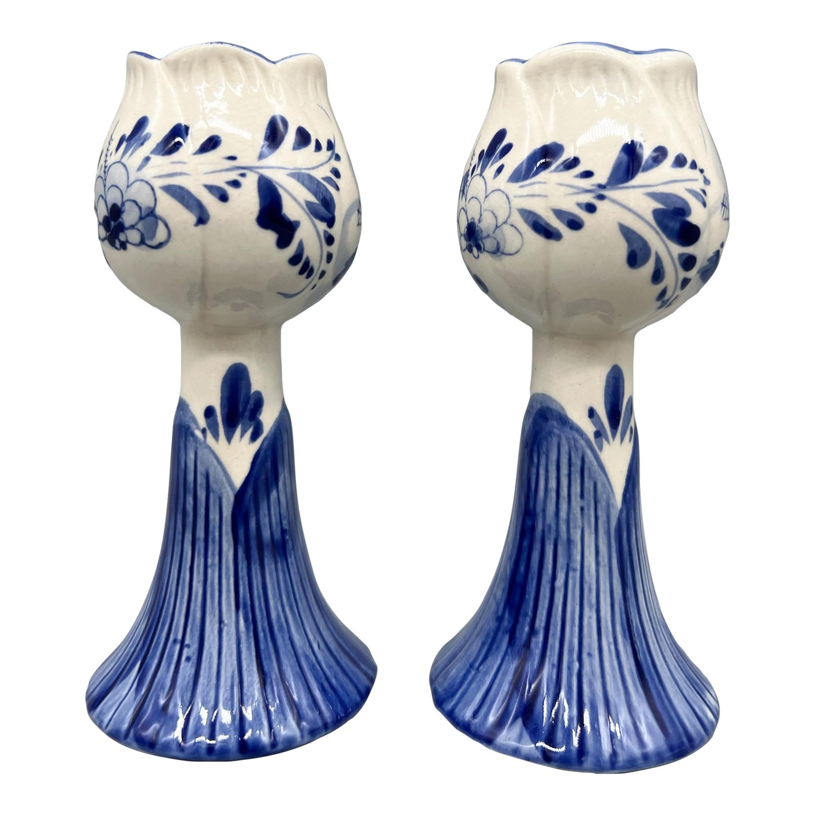 Vintage Delft Blue and White Tulip Candlesticks – Hand Painted Floral ...