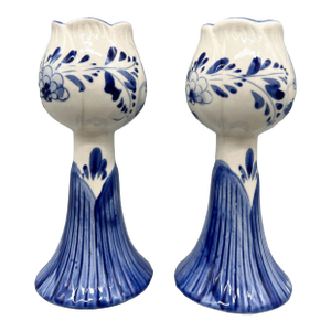Vintage Delft Blue and White Tulip Candlesticks – Hand Painted Floral and Windmill, Made in Holland