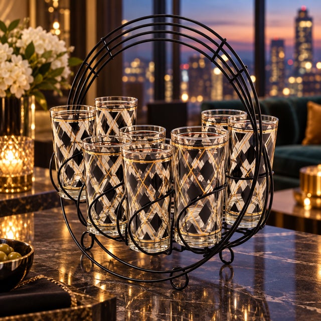 Mid-Century Modern 1960s Libbey Mid-Century Modern Black Gold Argyle Pattern Glassware and Carousel Caddy Set- 9 Pieces For Sale - Image 3 of 13