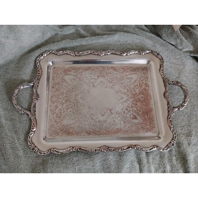Traditional 1940s Large Silverplate Over Copper Waiter Tray Flowers and Scrolls For Sale - Image 3 of 7