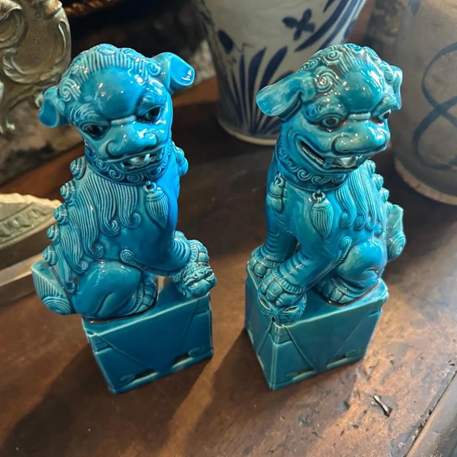 A Pair of 1960s Turquoise Glazed Ceramic Chinese Pho Dogs For Sale - Image 9 of 12