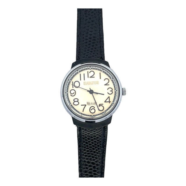 Raketa Silver Steel Case Vintage Watch With Black Leather Strap For Sale