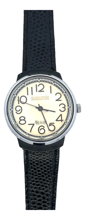 Raketa Silver Steel Case Vintage Watch With Black Leather Strap