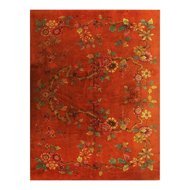 1920s Modern Square Orange Bold Floral Knotted Wool Antique Chinese Art Deco Rug For Sale
