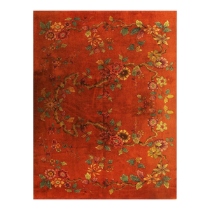 1920s Modern Square Orange Bold Floral Knotted Wool Antique Chinese Art Deco Rug