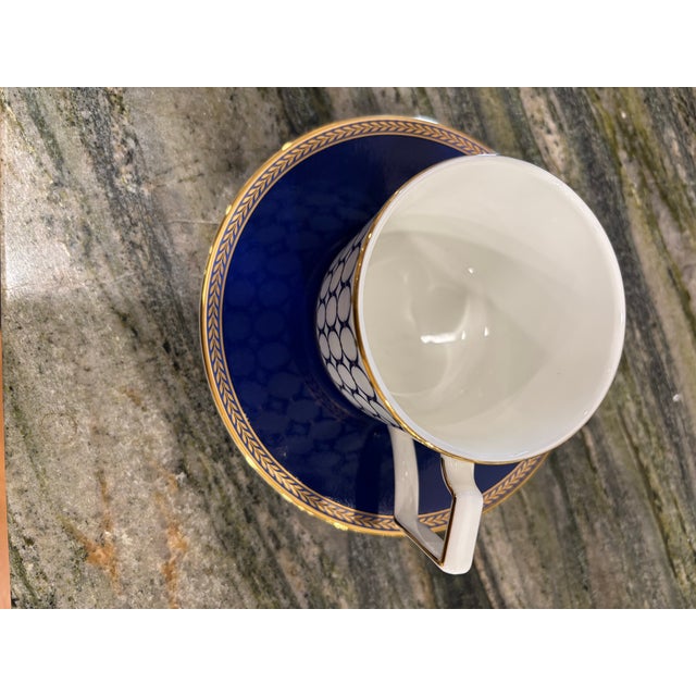 Navy Blue Wedgwood Bone China Renaissance Gold Tea Cup and Saucer For Sale - Image 8 of 10