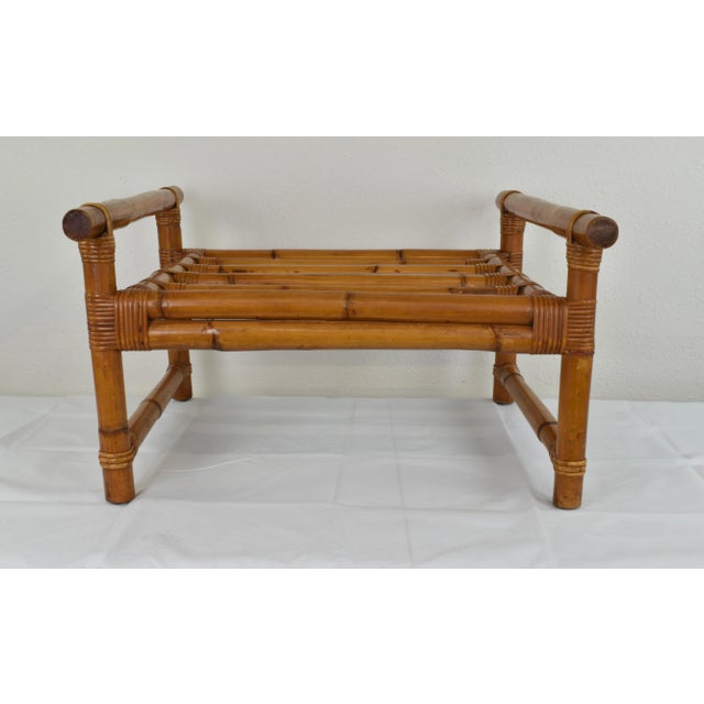 Vintage Single Strand Rattan Pole Ottoman Footstool with Wicker Strappings For Sale - Image 9 of 9