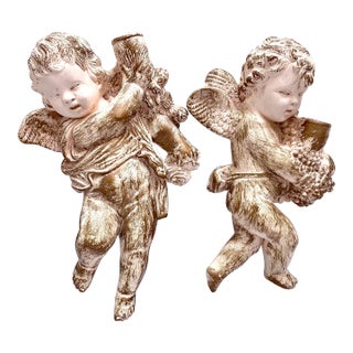Set of Two Vintage Rococo Style Pottery Cupid Angel Wall Accents, Candleholders - a Pair For Sale