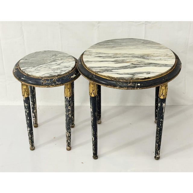 Early 20th Century French Louis XVI Style Painted Giltwood Marble Top Guéridon Tables, Set of 2 For Sale In Los Angeles - Image 6 of 18