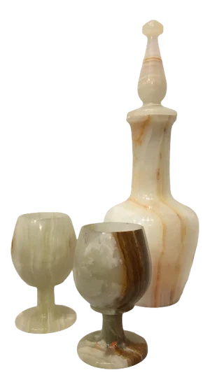 1940s Italian Mid-Century Carved Marble Decanter With Matching Goblets Wine Glass Set - 3 Pieces