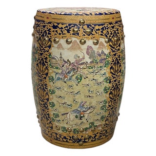 Vintage Oriental Chinoiserie Western Graphic Porcelain Stool Table Ottoman For Sale