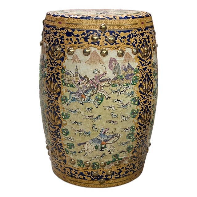Vintage Oriental Chinoiserie Western Graphic Porcelain Stool Table Ottoman For Sale