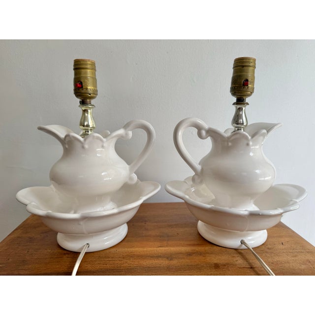 1970s French Country White Ceramic Pitcher and Basin Lamp Pair For Sale - Image 6 of 8