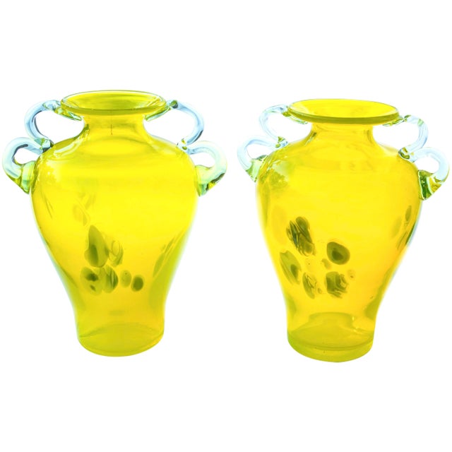 Mid-Century Murano Style Lemon-Yellow Italian Art Glass Vases With Handles - Set of 2 For Sale - Image 10 of 10