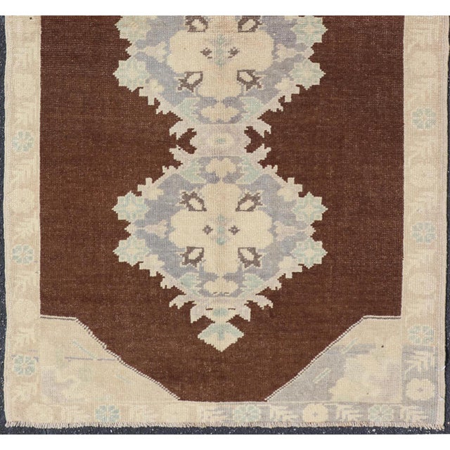 Mid 20th Century Vintage Turkish Oushak Runner With Floral Medallions in Brown, Gray, Taupe For Sale - Image 5 of 13