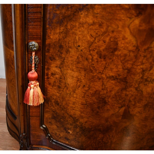 Brown 1890s Antique French Louis XV Burl Walnut Marble Top Pair of Cabinets Credenzas For Sale - Image 8 of 18