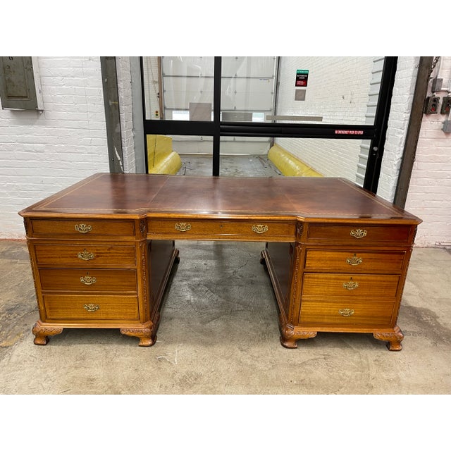 George III Style Mahogany Partners Desk With Gilt-Embossed Leather Top For Sale - Image 13 of 13