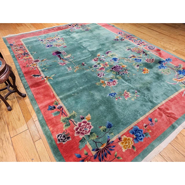 1900 - 1909 Vintage Chinese Art Deco Hand-Knotted Wool Rug, Floral Design, 1920s, 9' x 12' For Sale - Image 5 of 15