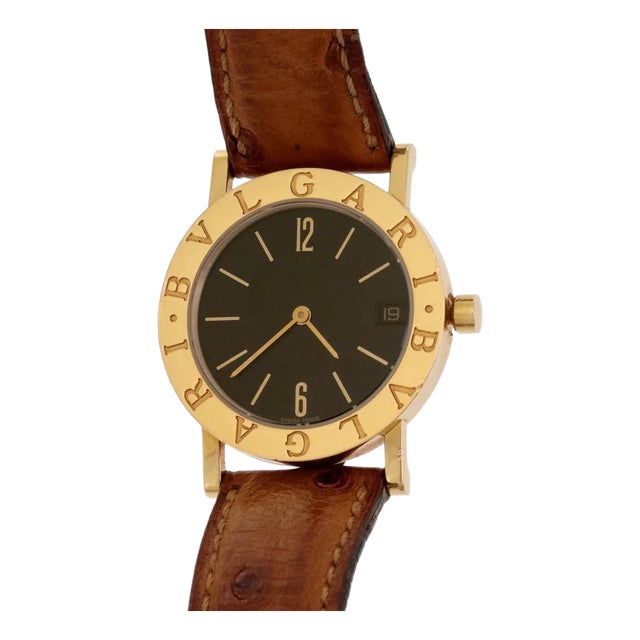 Bvlgari 18k Yellow Gold 30mm Date Leather Band Midsize Watch For Sale