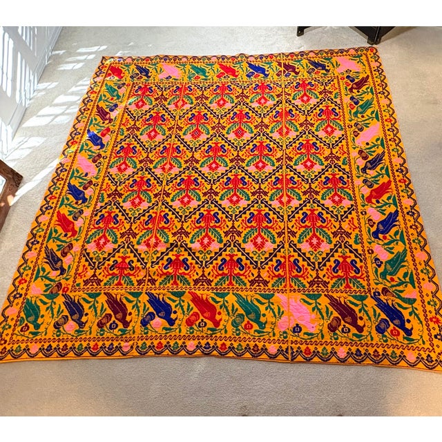 Boho Chic Large Tangerine Hand-Knotted Embroidered Bird Throw/Spread For Sale - Image 3 of 8