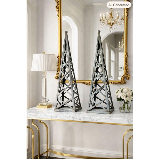Offering a vintage pair of tall obelisk steel trellises, circa late 20th Century. These large trellises can be used...