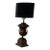 A striking pair of vintage bronze urn table lamps featuring rich red and gold painted detailing and classic handled...