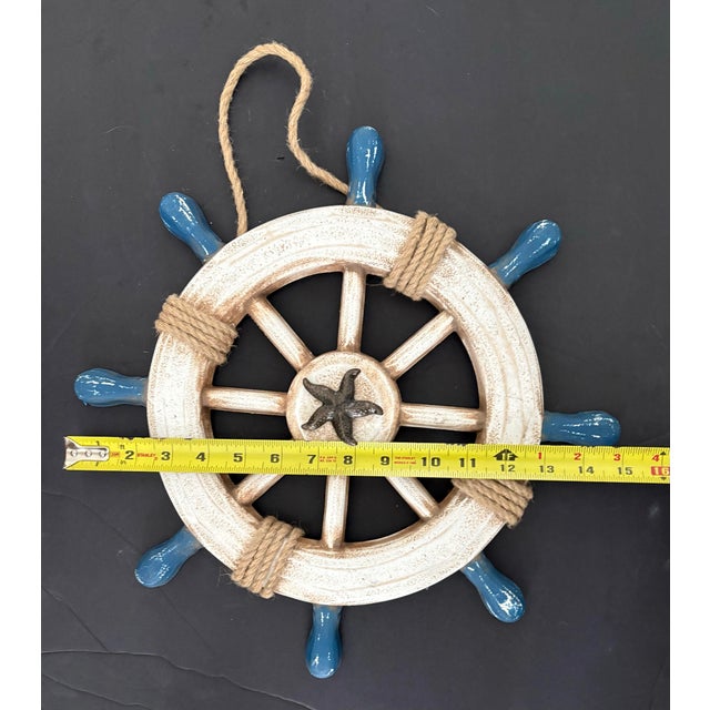 Nautical Ship Wheel Wall Decor With Starfish, Coastal Beach House Hanging, Blue White Maritime Decor For Sale - Image 9 of 9