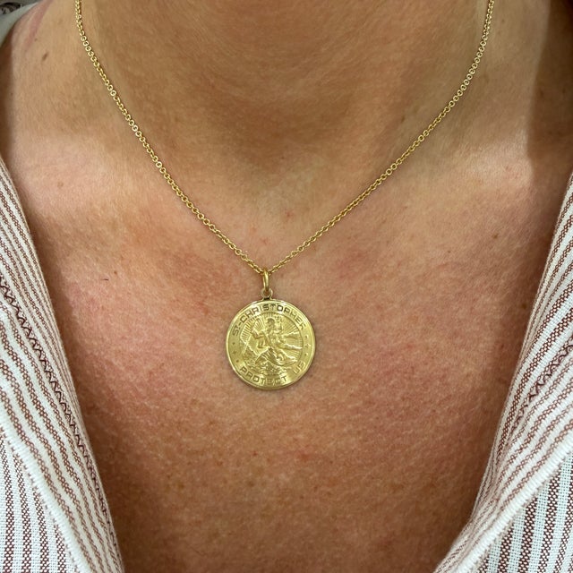 Gold Retired Tiffany & Co. 18k Yellow Gold St. Christopher Medallion Pendant Necklace For Sale - Image 8 of 8
