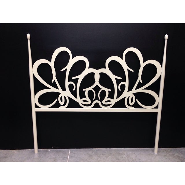 Offered is a shabby chic white laser cut iron headboard. Perfect for a flirty provincial inspired bedroom!