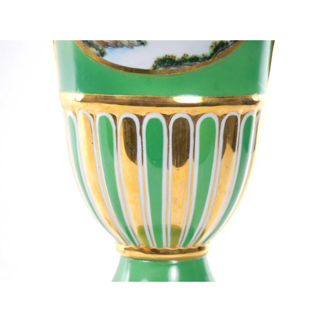 Kelly Green Pair Antique Paris Porcelain Parcel Gilt and Hand Painted Vases For Sale - Image 8 of 13