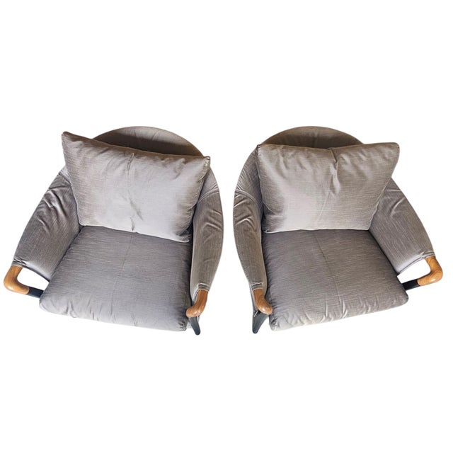 Elegant pair of lounge chairs from 1990's by Umberto Asnago for Giorgetti are upholstered in original luxurious brown...