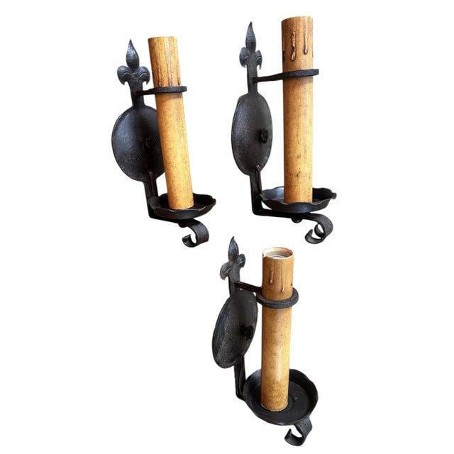 1920s Set of 3 Forged Iron Single Candle Sconces in Original Paint Circa 1920 For Sale - Image 5 of 6