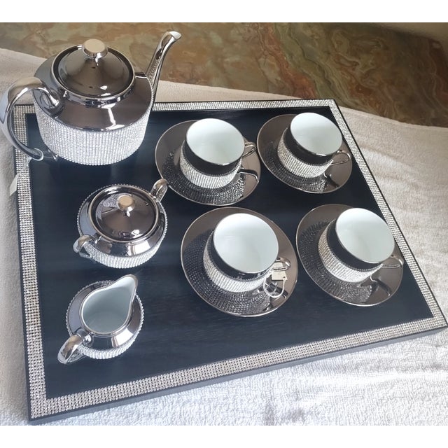 Wood Sophie Villepigue Paris Platinum Limoges Swarovski Crystal Tea/Coffee Set & Tray - Service for 4 For Sale - Image 7 of 17