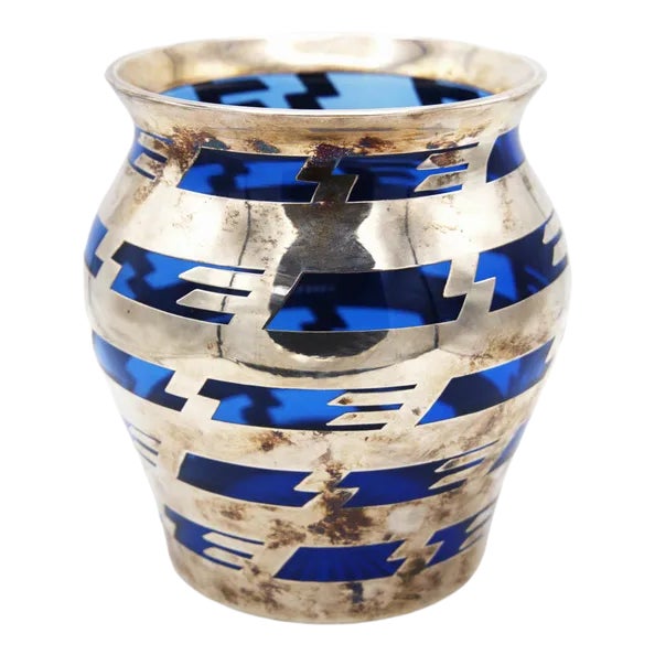 Vintage Vase in Blue Glass and Silver Metal For Sale