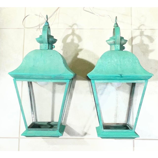 Pair of Solid Brass Vintage Ceiling Lantern 19” X 9”.5 X 9”.5 For Sale In Miami - Image 6 of 14