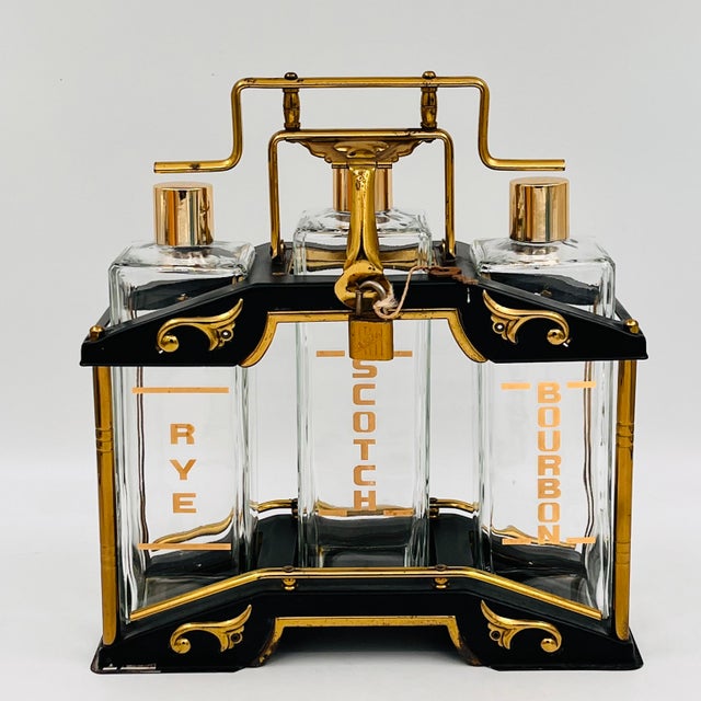 Mid 20th Century Mid-Century Modern Black and Gold Tantalus Decanter Set, Liquor Caddy, Portable Bar For Sale - Image 11 of 18