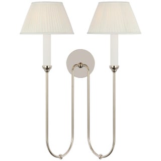 Amber Lewis for Visual Comfort Signature Ingela 24" Double Sconce in Polished Nickel with Silk Pleat Shades For Sale